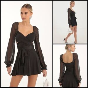 Lucy In The Sky Aliah Puff Chiffon Wrap Black Long Sheer Sleeves Dress Size M